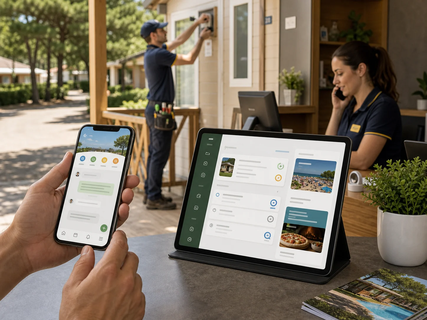 Chat con la reception, ticket manutenzione e push tengono aperta la relazione. Chat-Rezeption, Ticketverwaltung und Push-Benachrichtigungen, Camping-App