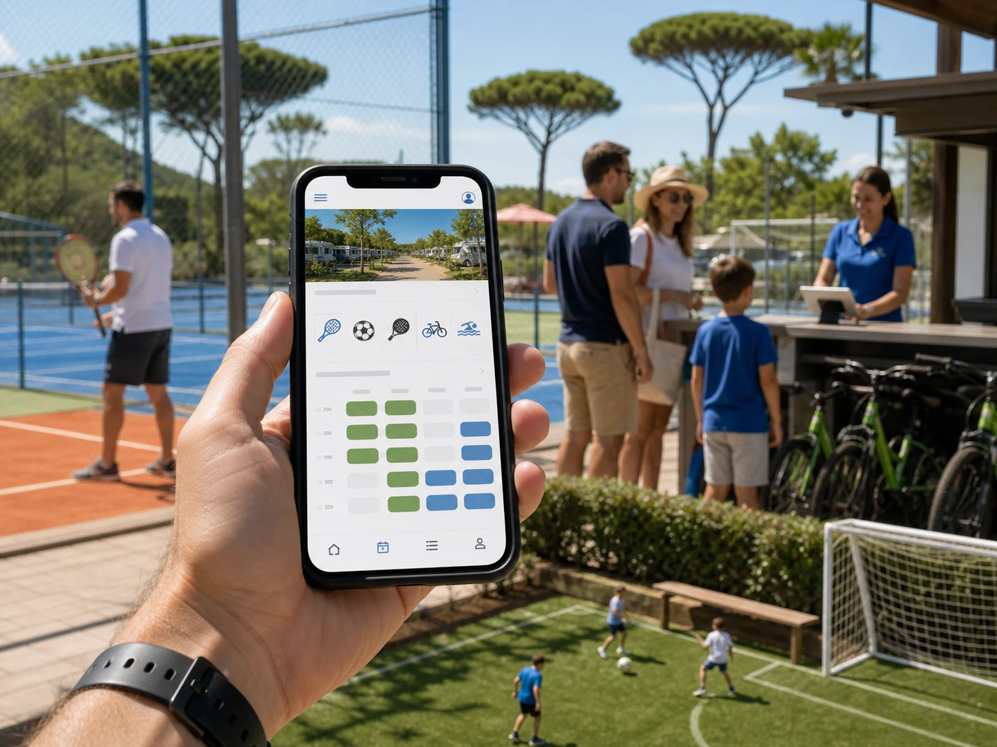 Dienstleistungen, Sportplätze und Aktivitäten können gebucht werden, ohne dass man sich immer an die Rezeption wenden muss. Buchung von Dienstleistungen und Sportplätzen über die Camping-App
