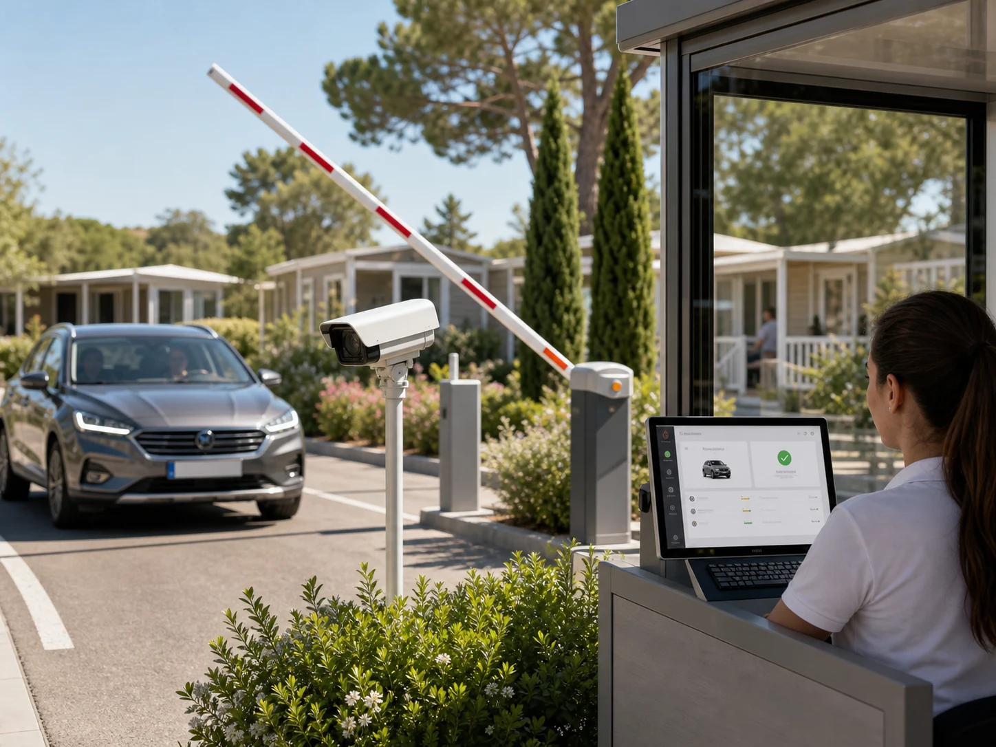La telecamera legge la targa, verifica il permesso e apre la sbarra. Kennzeichenlesung und Schrankenöffnung für die Zugangskontrolle zum Scidoo-Campingplatz