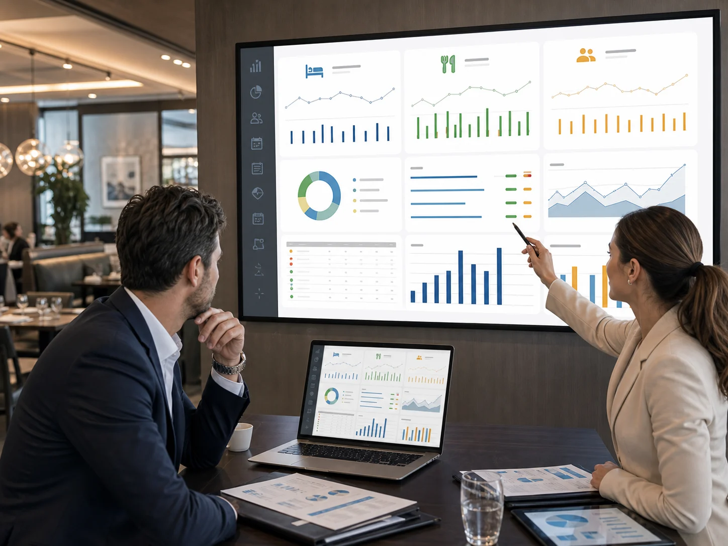 Real-time reports to understand how much each cost weighs on the result. Real time management control report for room and cover charge
