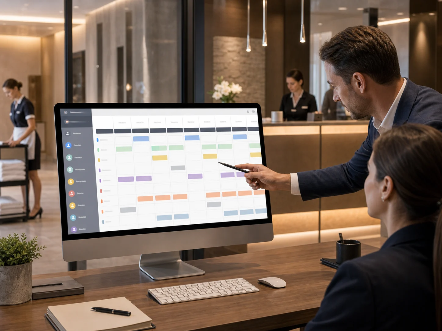 Rollen, Zeiten und Schichten in einer Ansicht, die für Hotels entwickelt wurde. Schichtplanung für Hotelpersonal mit Rollen und Zeiten in Scidoo