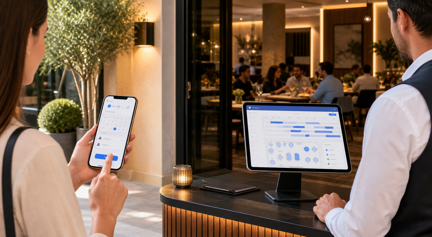 Scidoo Online-Tischreservierung für Restaurants Der Kunde bucht online einen Tisch, während das Restaurant den Kalender und die Tischkarte mit Scidoo verwaltet